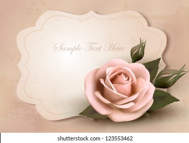 Retro greeting card with pink rose. Vector illustration.