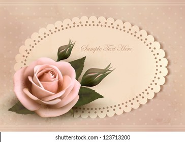 Retro greeting card with pink rose. Vector illustration.