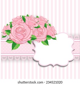 Retro greeting card with pink rose. Vector illustration.