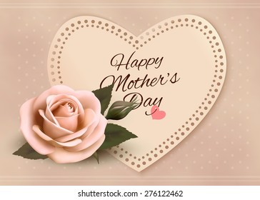 Retro greeting card with pink rose and heart. Happy Mother's day. Vector illustration