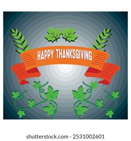 Retro greeting card with ribbon and text happy thanksgiving. Flat vector modern illustration 