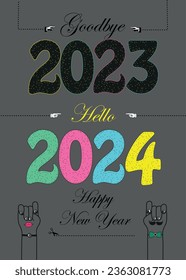 Retro Greeting Card: Say goodbye to 2023 and welcome 2024 with open arms. This charming illustration features colorful numbers and playful cartoon hands, capturing the spirit of the New Year