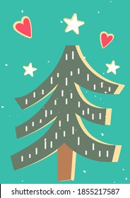 Retro Greeting card in scandinavian style with Christmas tree on blue background. Vector. Kids illustration for DIY, greeting card, wrapping paper.
