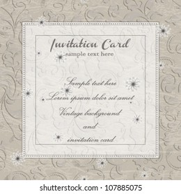Retro greeting card template design, vintage style, fashion invitation. Ornament background with floral illustration. Old wallpaper flower texture, with seamless background.
