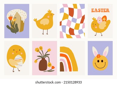 Retro greeting Easter cards set in 70s-80s style. Spring backgrounds. Vector illustration.