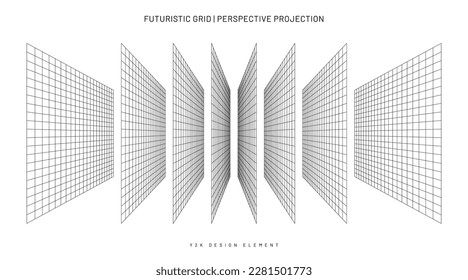 Cuadrícula retro en proyección de perspectiva, colección de elementos de diseño de estilo Y2K. Cuadrícula geométrica y malla en estilo futurista y retro. Vector