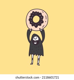Retro Grim Reaper Skull and donut, illustration for t-shirt, poster, sticker, or apparel merchandise. With cartoon style.