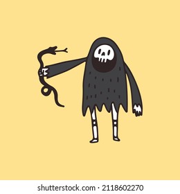 Retro Grim Reaper Skull holding snake, illustration for t-shirt, poster, sticker, or apparel merchandise. With cartoon style.
