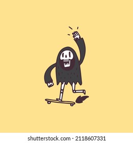 Retro Grim Reaper Skull ride skateboard, illustration for t-shirt, poster, sticker, or apparel merchandise. With cartoon style.