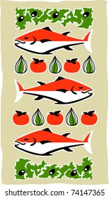 Retro Grocery Deli Fish and Veggie Collage Vector Illustration