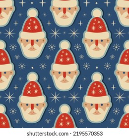 Retro Groove retro Christmas pattern with Santa Claus heads. Groove Christmas pattern. Vector illustration