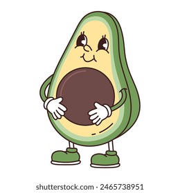 Retro groove funny avocado. Naughty anthropomorphic character half avocado with  on white background. Vector flat illustration