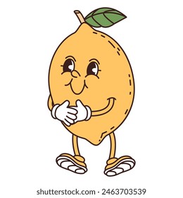 Retro groove funny fruit. Naughty anthropomorphic character yellow lemon on white background. Vector float illustration