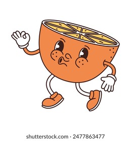 Retro groove funny fruit. Naughty anthropomorphic character orange on white background. Vector flat illustration