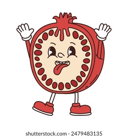 Retro groove funny fruit. Naughty anthropomorphic character red garnet on white background. Vector flat illustration