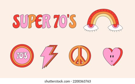 Retro groove set. Nostalgic 70s vibes. retro hippie vector illustrations. Groovy hippie elements