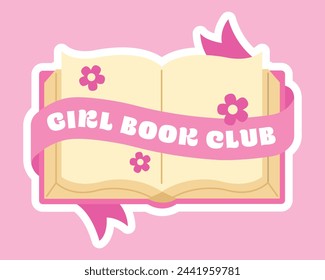 Retro groove sticker, patch. Girl book club inscription. Pink colors, flat style. Cute vector illustration in girl power aesthetic