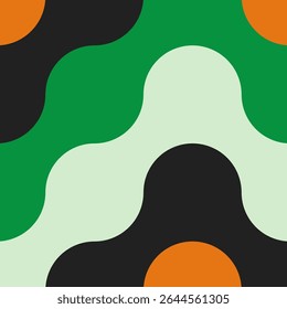 Retro Grooves Pattern: Funky Interlocking Shapes in Green, Cream, Black, and Orange – Perfect for Playful Backgrounds, Vintage-Inspired Design, and Eye-Catching Graphics.