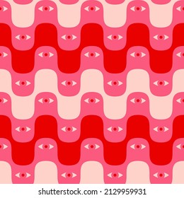 Retro Groovy 1960s Inspired Pattern Design. Geometric Psychedelic Seamless Repeat With Wavy Lines And Eyes.