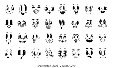 Retro groovy 30s, 50s comic and old cartoon face set. Caricature mascot character emotion. Happy vintage animation eyes and mouths. Vector hand drawn funny faces