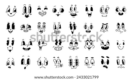 Retro groovy 30s, 50s comic and old cartoon face set. Caricature mascot character emotion. Happy vintage animation eyes and mouths. Vector hand drawn funny faces