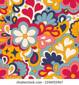 Retro groovy 60s 70s vector seamless pattern. Old school psychedelic hippie design with flowers and hearts for package, branding, textile, stationery, wraping paper, gift cards, any surface