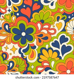 Retro groovy 60s 70s vector seamless pattern. Old school psychedelic hippie design with flowers and hearts for package, branding, textile, stationery, wraping paper, gift cards, any surface