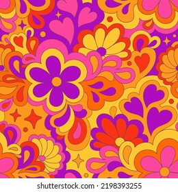 Retro groovy 60s 70s vector seamless pattern. Old school psychedelic hippie design with flowers and hearts for package, branding, textile, stationery, wraping paper, gift cards, any surface