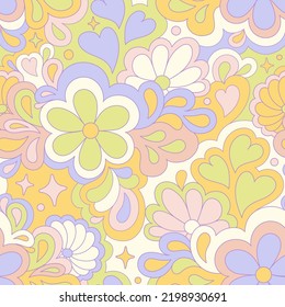 Retro groovy 60s 70s vector seamless pattern. Old school psychedelic hippie design with flowers and hearts for package, branding, textile, stationery, wraping paper, gift cards, any surface