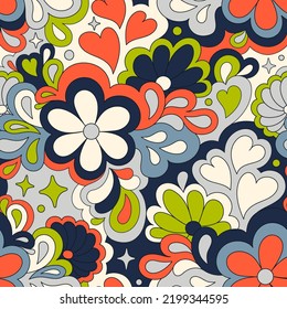 Retro groovy 60s 70s vector seamless pattern. Old school psychedelic hippie design with flowers and hearts for package, branding, textile, stationery, wraping paper, gift cards, any surface