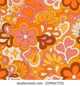 Retro groovy 60s 70s vector seamless pattern. Old school psychedelic hippie design with flowers and hearts for package, branding, textile, stationery, wraping paper, gift cards, any surface