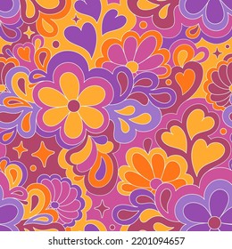 Retro groovy 60s 70s vector seamless pattern. Old school psychedelic hippie design with flowers and hearts for package, branding, textile, stationery, wraping paper, gift cards, any surface