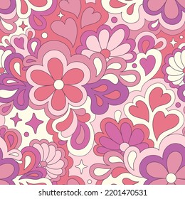 Retro groovy 60s 70s vector seamless pattern. Old school psychedelic hippie design with flowers and hearts for package, branding, textile, stationery, wraping paper, gift cards, any surface