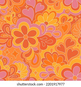 Retro groovy 60s 70s vector seamless pattern. Old school psychedelic hippie design with flowers and hearts for package, branding, textile, stationery, wraping paper, gift cards, any surface