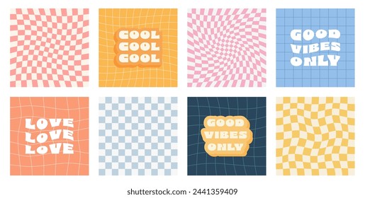 Retro groovy 70s backgrounds with different inscription. Twisted and distorted chessboard, mesh and lines. Funky hippie fashion texture in trendy retro psychedelic style. Vector illustration.