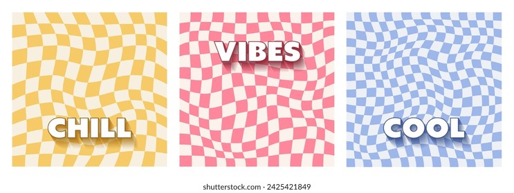 Retro groovy 70s backgrounds. Twisted and distorted chessboards. Funky hippie fashion texture in trendy retro psychedelic style. Vector illustration.