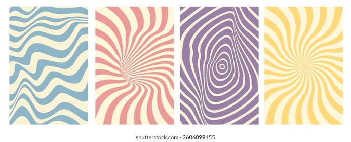 Retro groovy 70s funky vector backgrounds with trendy hippy patterns. Retro psychedelic swirl, twirl pattern, waves posters collection for covers, decorative banners, interior,