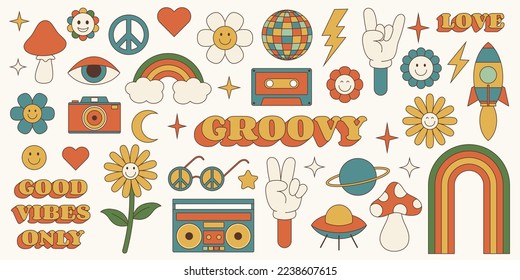 Retro Groovy 70s stickers set. Vintage hippy style collection.	