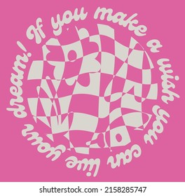 Retro groovy abstract flowers and checks with inspirational slogan print for graphic tee t shirt or sweatshirt - Vector