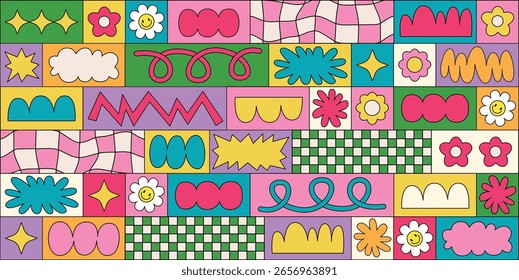 Retro groovy abstract shape pattern template background