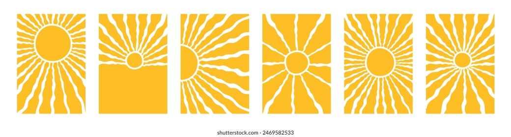 Retro groovy abstract sun backgrounds. Hand drawn doodle sunshine shapes. Trendy colorful hippie 60s 70s style. Vector illustration.