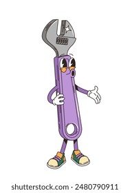 Retro groovy adjustable wrench tool character. Isolated cartoon vector cool fixing or repair instrument personage with a relaxed expression and sneakers. Maintenance service tool exuding a calm vibes