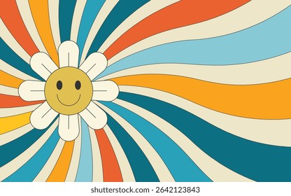 Retro groovy aesthetic background design with daisy flower. Vector