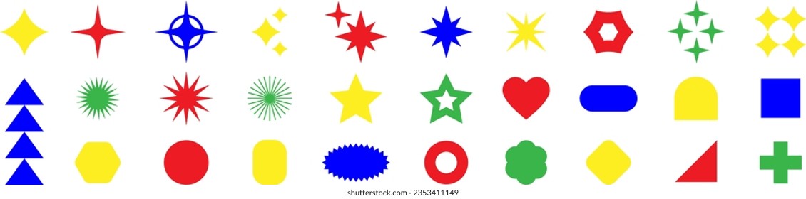Retro groovy aesthetic. Vector set of minimalist brutalist design elements, futuristic shapes and geometric figures and stars. Flower, star, wave, circle, spiral. Vector illustration