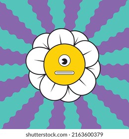 Retro groovy alien daisy with neutral face on a colorful background with wavy rays. Vintage 70s illustration for graphic t shirt prints design