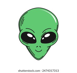 Retro groovy alien space character face or head with large black eyes and a small, friendly smile. Isolated cartoon vector friendly extraterrestrial being, invader, et personage with green skin