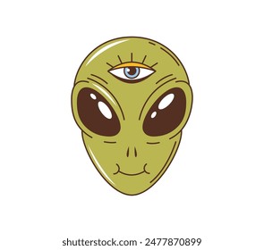 Retro groovy Alien Space Charakter Gesicht oder Kopf mit einem einzigen, zentrierten Auge, übergroßen dunklen Augen und einem verspielten Grinsen. Isolated Cartoon Vektorgrafik freundlich extraterrestrische und personage mit grüner Haut