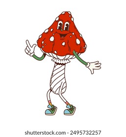 Retro groovy amanita mushroom Halloween character. Isolated cartoon vector hippie psychedelic fungus personage with vibrant spotted cap. Whimsical trippy fly agaric dance, exuding nostalgic funky vibe