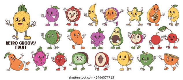 Frutas de dibujos animados antropomórficas retro groovy. Personajes divertidos bayas y frutas en estilo de moda. colección de pegatinas de Vector.