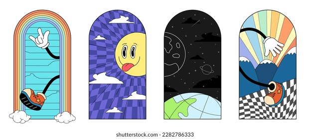 Retro groovy arch window set with funny sun character. Hippie style art poster collection. Graphic psychedelic arched windows with abstract elements. Trendy y2k vintage prints design. Eps vector